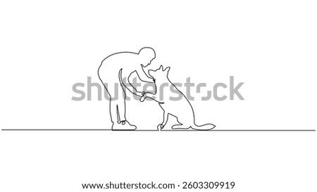  continous One Line drawing of a person interacting with a dog.