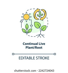 Continual live plant and root concept icon. Principle of regenerative farming abstract idea thin line illustration. Isolated outline drawing. Editable stroke. Arial, Myriad Pro-Bold fonts used