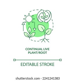 Kontinuierliche Live-Pflanze und Wurzelgrün-Konzeptsymbol. Prinzip der regenerativen Landwirtschaft abstrakte Idee dünne Linie Illustration. Einzeln Umrisszeichnung. Bearbeitbarer Strich. Arial, Myriad Pro Fett Schriftarten verwendet