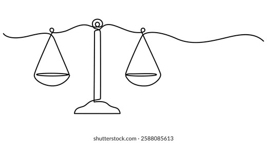 The continuation of a one-line drawing of law weights. The design is minimalist in style, and the scale is made of metal, Scales Continuous Line Art Drawing. Balance Concept One Line Illustration. 