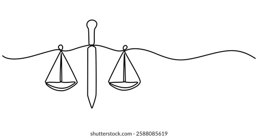 The continuation of a one-line drawing of law weights. The design is minimalist in style, and the scale is made of metal, Scales Continuous Line Art Drawing. Balance Concept One Line Illustration. 