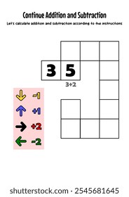 continue a adição e subtração com guia. foco e exercício lógico. jogo educativo para crianças. pré-escola pré-escola planilha. Planilha de educação Imprimível tamanho A4.