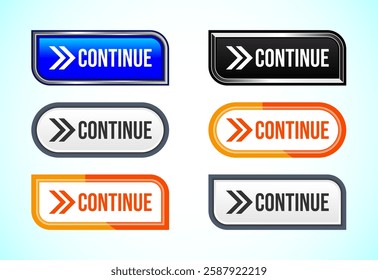 Continue button design illustration, Continue icon suitable for mobile app, and website UI design