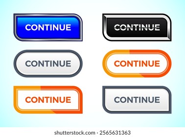 Continue button set of different shapes and colors. Suitable for mobile app, and website UI design.