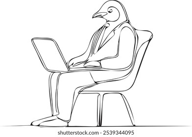 continue desenhando linha Pinguim trabalhando em laptop sentado na cadeira