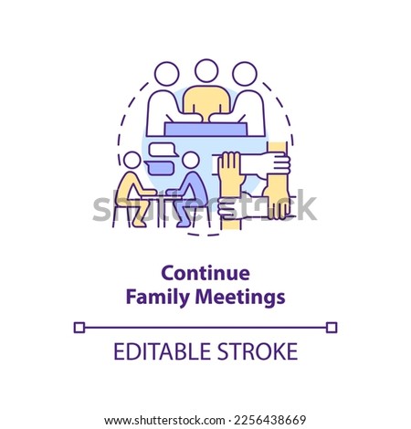 Continue family meetings concept icon. Communication. Peaceful teen parenting tip abstract idea thin line illustration. Isolated outline drawing. Editable stroke. Arial, Myriad Pro-Bold fonts used