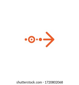 Continue Icon. Red Right Arrow With Circles And Dots. Vector Button Isolated On White. Launch, Upgrade Icon.  Start, Business Advance, Breakthrough Sign. Fast Growth Symbol. Steps, Stage, Phase