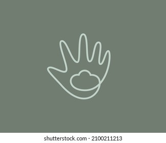 Continue line art of hand holding a cloud. Universal data, upload, storage vector sign symbol logotype.
