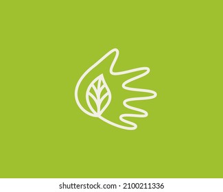 Continue line art of hand holding a leaf. Universal garden, natural, eco vector sign symbol logotype.