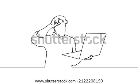 Continue with the line art. A shocked and confused man in eyeglasses looks at his laptop screen.

