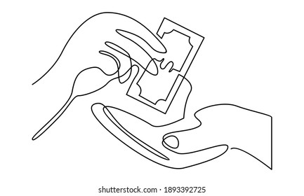 Continue line of businessman giving or offering money to another hand