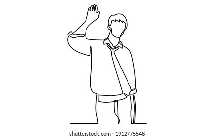 Continue line of businessman greeting someone with his hand raised up