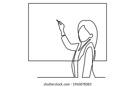 Continue line of businesswoman with pointer to white board vector illustration