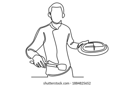 Continue line of cheerful Chef. Cook and Holding a Tray with Pizza