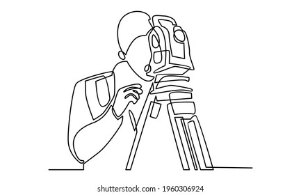 Continue line of construction worker holding dslr camera vector illustration