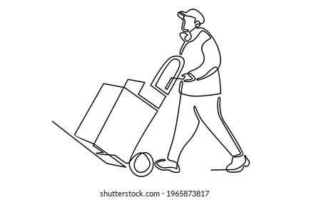 Continue line of delivery courier pushing trolley with cardboard boxes vector illustration