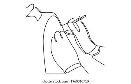 Continue line of doctor injecting a patient, getting first shot of covid vaccine in arm muscle vector illustration