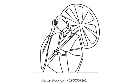 Continue line of geisha holding umbrella vector illustration