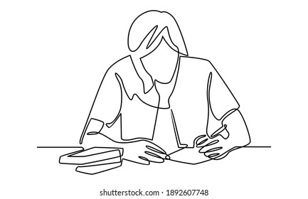 Continue line of girl writing for homework, Study concept