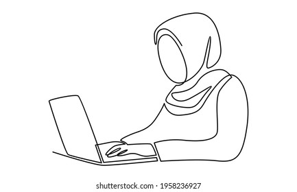 Continue line of hijab woman with laptop vector illustration