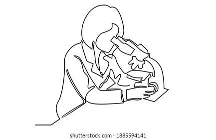 Continue line of laboratory assistant looking through microscope, scientists in medical laboratory doing research