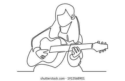 Continue line of little girl playing guitar instrument