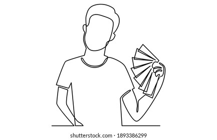 Continue line of man with banknotes of money in his hands