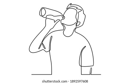 Continue line of man is drinking water from a bottle