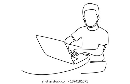Continue line of man at his desk is working on the laptop computer