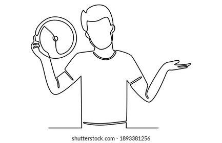 Continue line of man holding clock in his hands