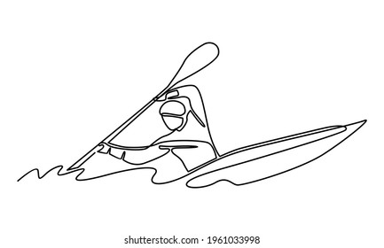 Continue line of man kayaker character kayaking, riding and paddling boat canoe in sea waves vector illustration