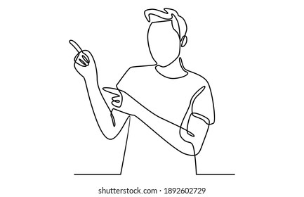 Continue line of man pointing away hands together and showing or presenting something