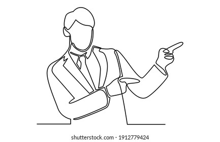 Continue line of man pointing away hands together and showing or presenting something