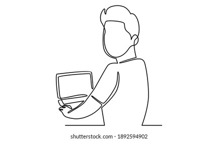 Continue line of man is sitting with laptop at home
