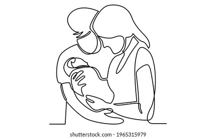 Continue line of mom and dad hugging their son vector illustration