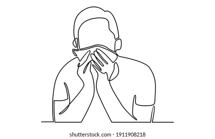 Continue line of sick young man holding tissue, sneezing into handkerchief, blowing running nose