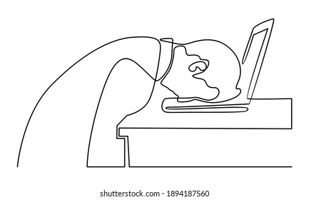 Continue line of tired employee sleeping at workplace on laptop keyboard