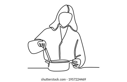 Continue line of woman cooking illustration