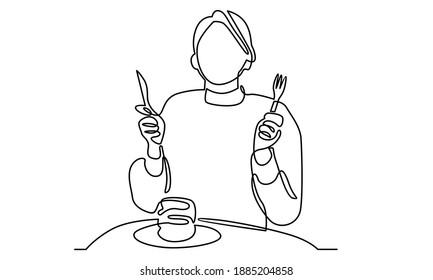 Continue line of woman eating pancakes for breakfast