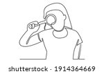 Continue line of woman or girl holding a magnifying glass. Person showing magnifying glass search