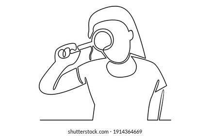 Continue line of woman or girl holding a magnifying glass. Person showing magnifying glass search