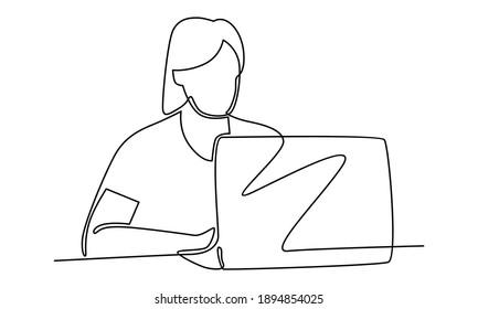 Continue line of woman graphic designer working on computer