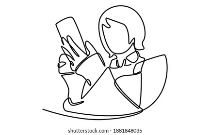Continue line of woman holding smartphone and touching the screen