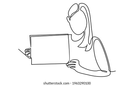 Continue line of woman holding white board vector illustration