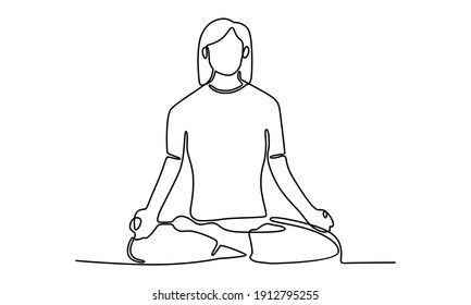 Continue line of woman sitting cross legged on floor and meditating. Meditation, relaxation at home, spiritual practice, yoga and breathing exercise