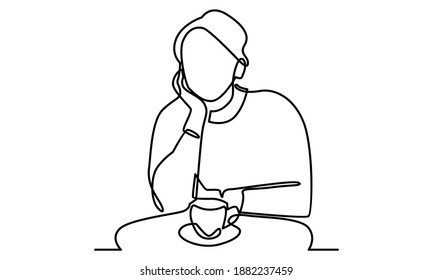 Continue line of woman sitting relax with a cup of tea