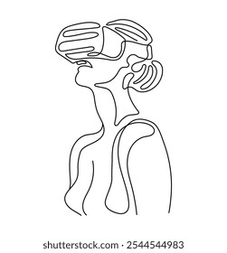 Continue a linha de mulher com ilustração de vetor de óculos de realidade virtual