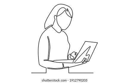 Continue line of woman working with laptop