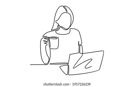 Continue line of woman working with laptop illustration