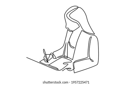 Continue line of woman writing on a book illustration